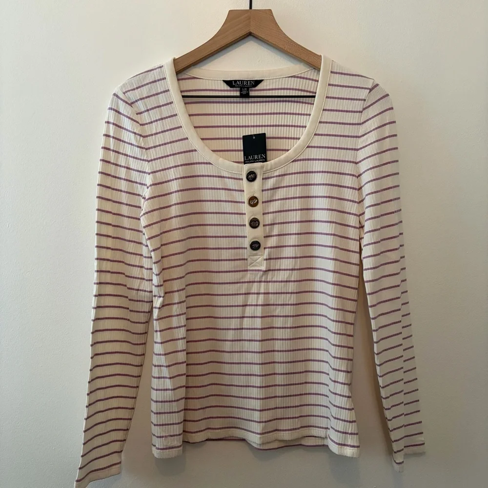 Lauren Ralph Lauren Long Sleeve Striped Henley Top in Mascarpone Cream